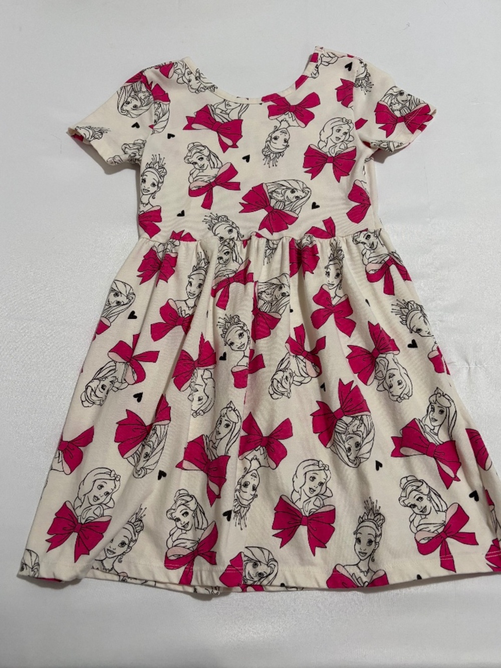 Disney Princess Girls Short Sleeve Dress-Pink Bows & Line Art Print-Size M